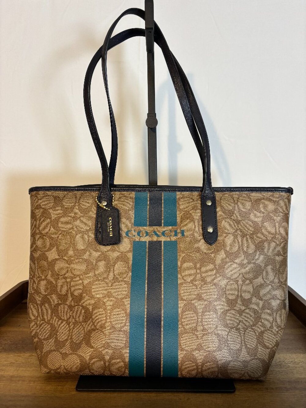 Coach Signature Khaki Canvas Navy Blue Teal Stripe Varsity City Zip Tote